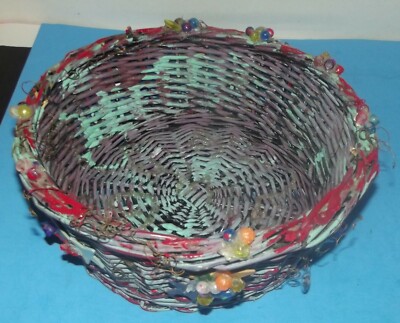 Wicker Basket w Stars Beads Turquoise & Red Round 10''x4'' Old Rustic Southwest