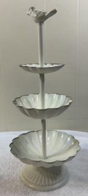 14  White Metal Clam Shaped Serving Stand W/ Bird On Top Farmhouse Country Style