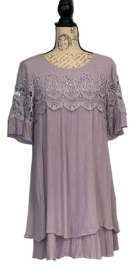 eloges Woman s Lavender Tiered Flowing Dress Sz Small Tulip Sleeves Rayon Lace 