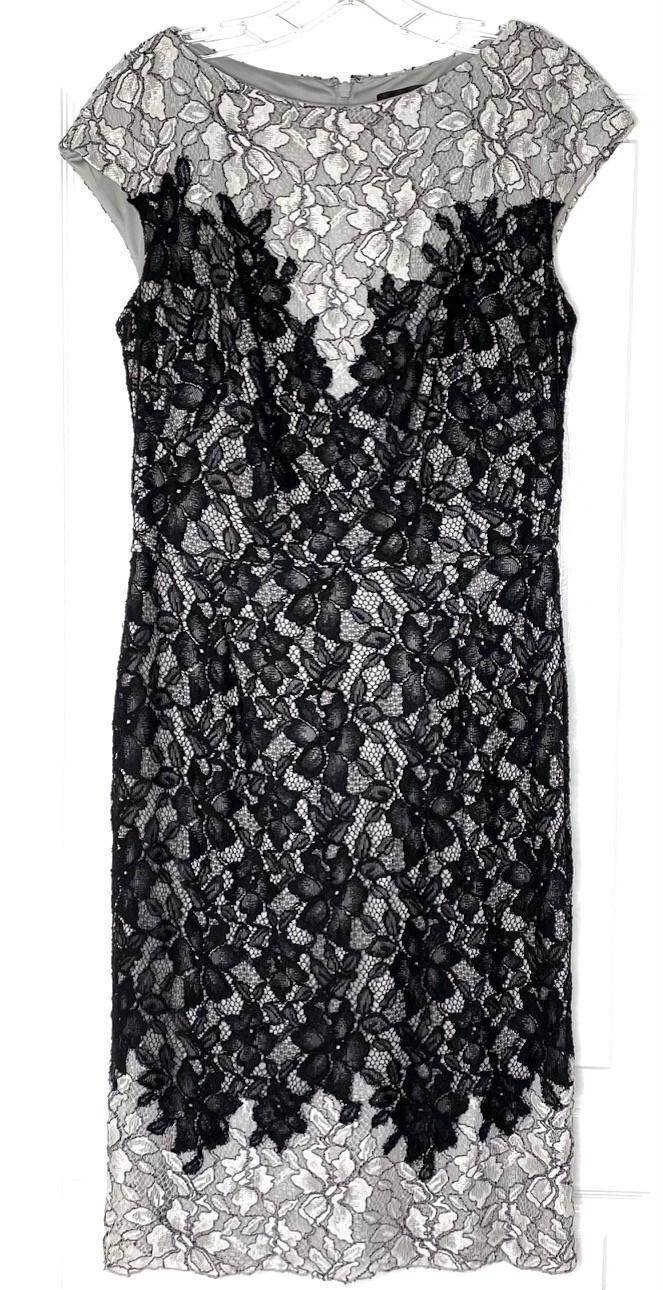 TADASHI SHOJI Black Gray Floral Lace Short Sleeve Stretch