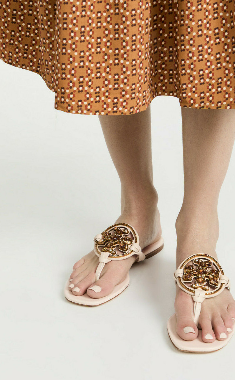 Pre-owned Tory Burch Jeweled Miller Leather Thong Sandal Brie Us 6.5 7 7.5 8 8.5 9 9.5 In Beige