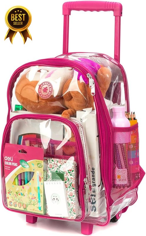 Hot Pink Heavy-Duty Transparent Rolling Clear Backpack and Travel Daypack
