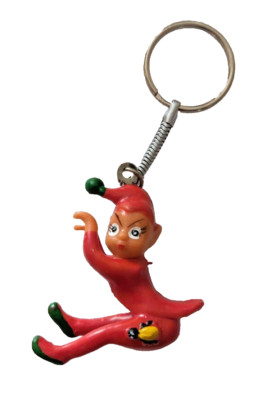 Vintage Red Rubber Pixie Elf With Ladybug KEYCHAIN Mid Century Nymph Sprite