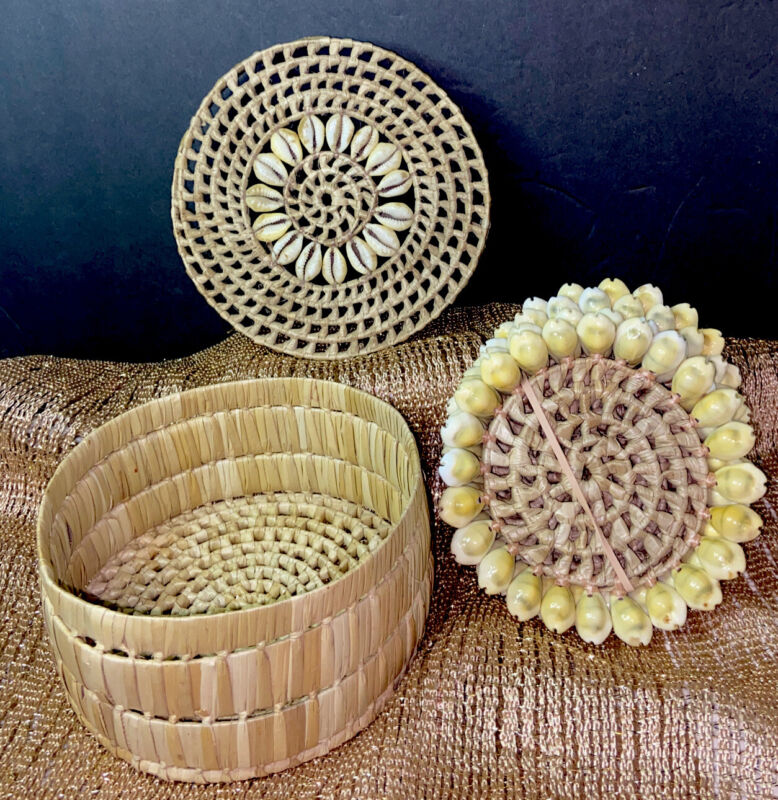 Unique Rattan 5pc Coasters With Wicker&sea Shell Basket & Lid