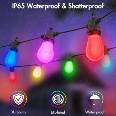 HBN 48ft Outdoor String Lights RGBW-Remote Controlled Outside String Lights M...