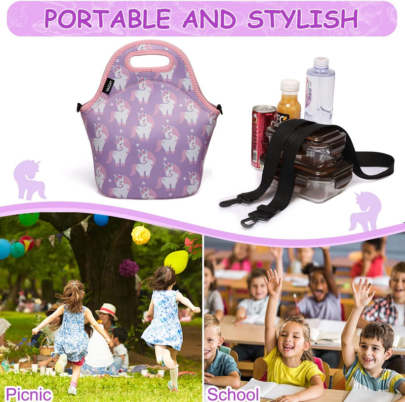 Lunch Box Bag for Girls, Neoprene Insulated Lunch Tote with Detachable Adjustabl