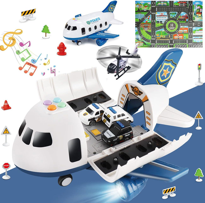 5 in 1 Airplane Toys with Light and Sound,Police Car Toys with Activity Mat, Chr