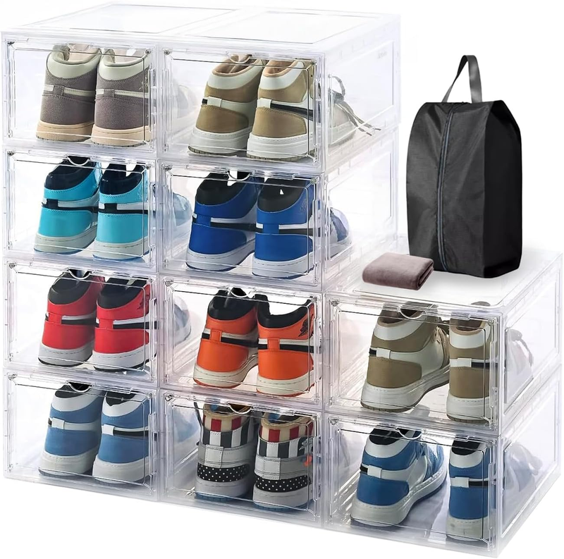 10 Pack Shoe Storage Box Large Clear Plastic Shoe Organizer for Closet Stackable