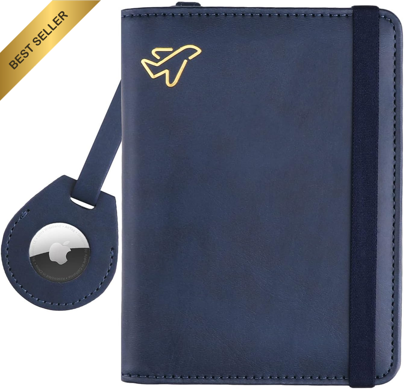 Airtag Passport Holder, PU Leather RFID Blocking Passport Cover with Zipper Pock