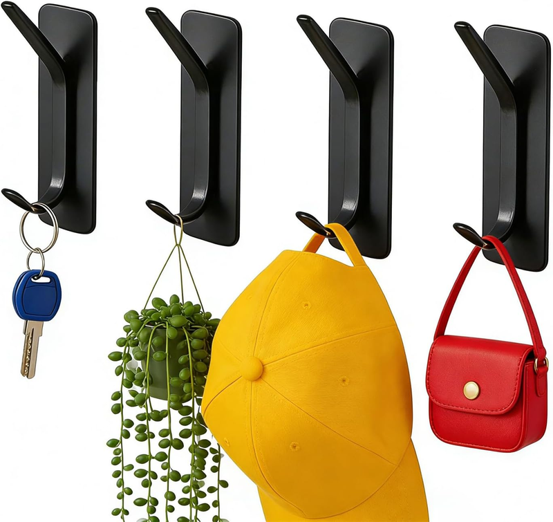 Adhesive Wall Hooks Heavy Duty 6KG/13LB - 4 Pack Black Stick on Hooks for Towels