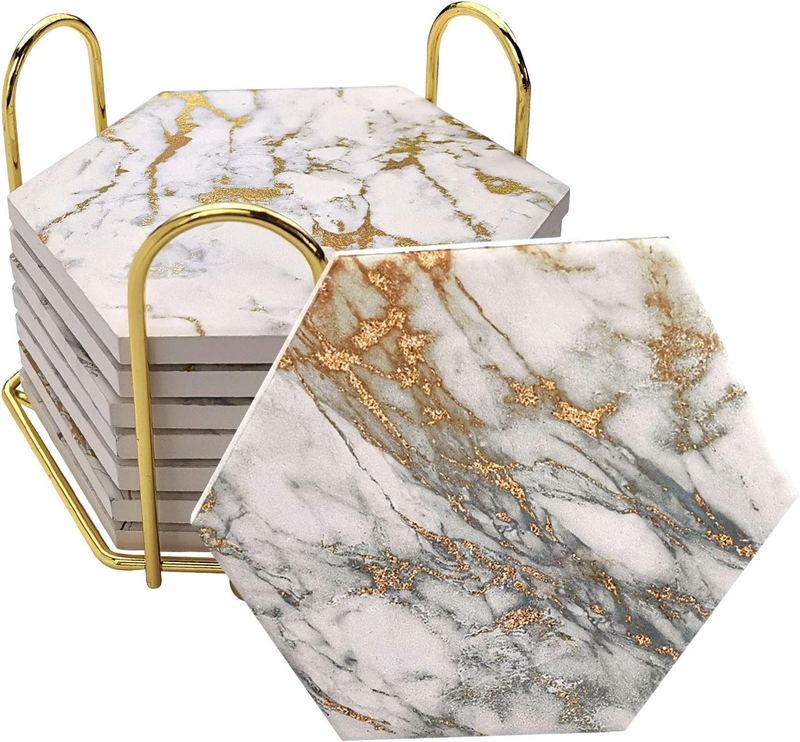 Coasters Set of 8 with Metal Holder Stand, Marble Design Ceramic Coaster Set, Co