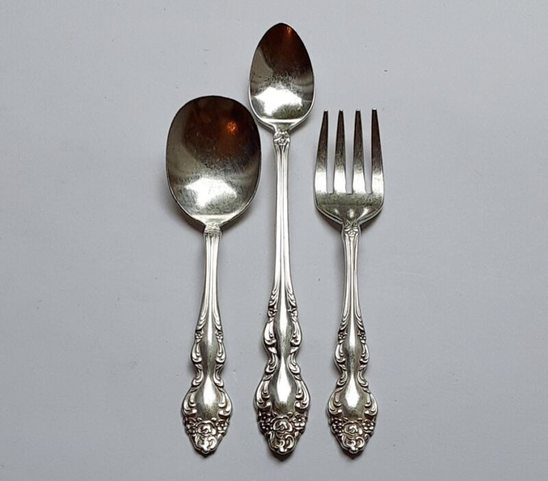 Oneida BAROQUE ROSE Silver Plate 1881 Rogers Baby (2) Spoons & (1) Baby Fork