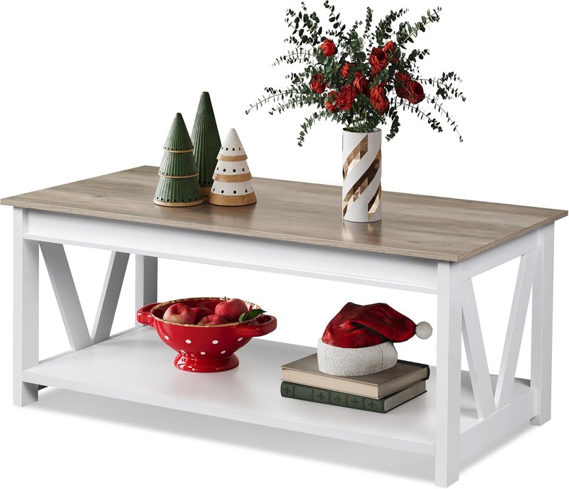 WLIVE Coffee Table, 43" Farmhouse Coffee Table with Storage Shelf