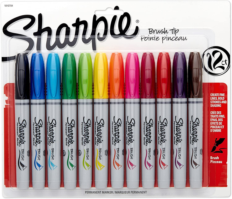 Sharpie Permanent Markers, Brush Tip, Assorted, 12 Pack