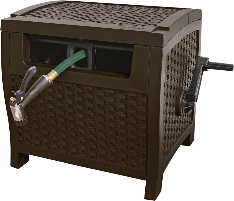 Dark Brown Suncast 175 Resin Wicker Hose Reel Hideaway Storage Box Watering New
