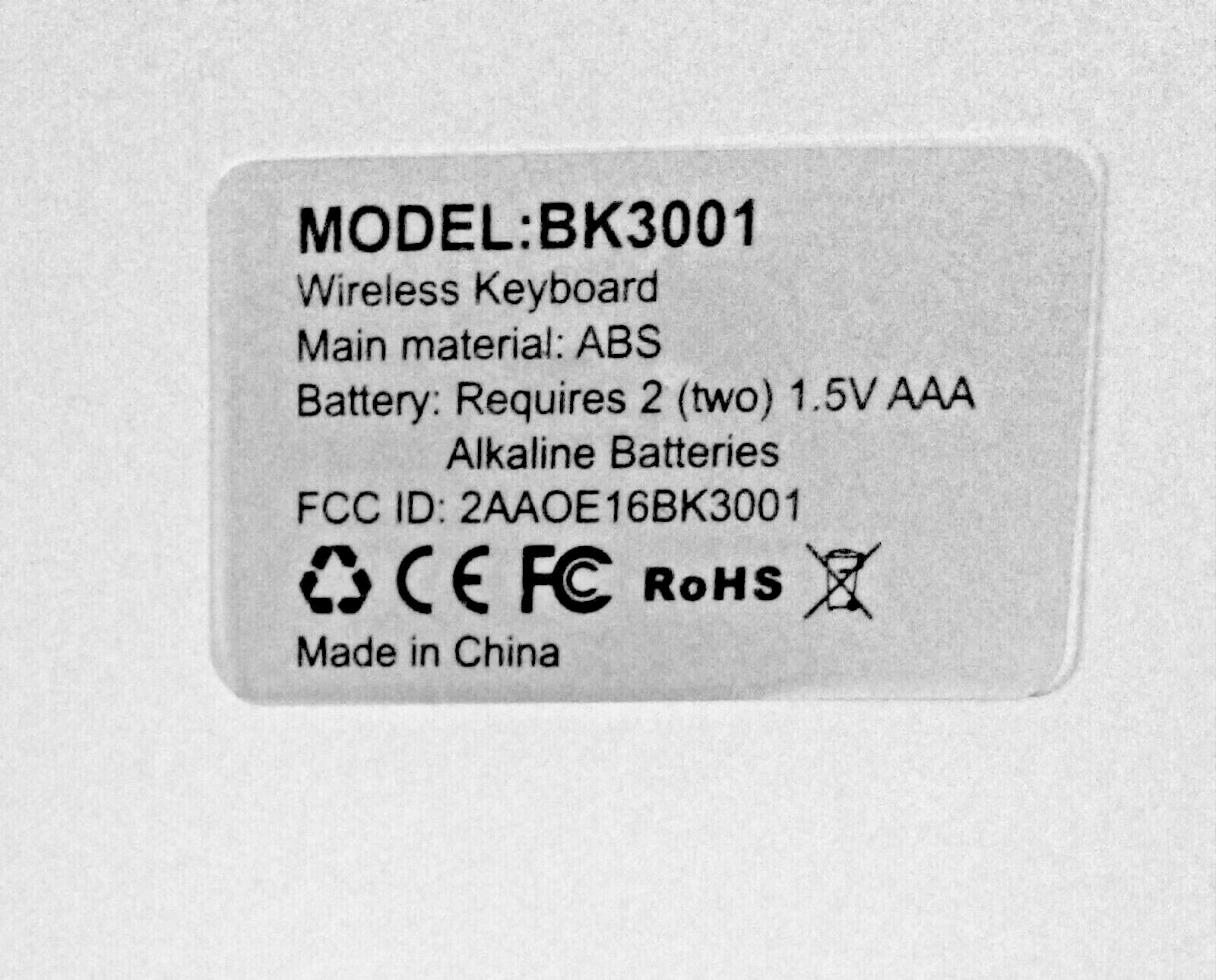 Wireless Keyboard Model BK3001 White 2 AAA batteries not included