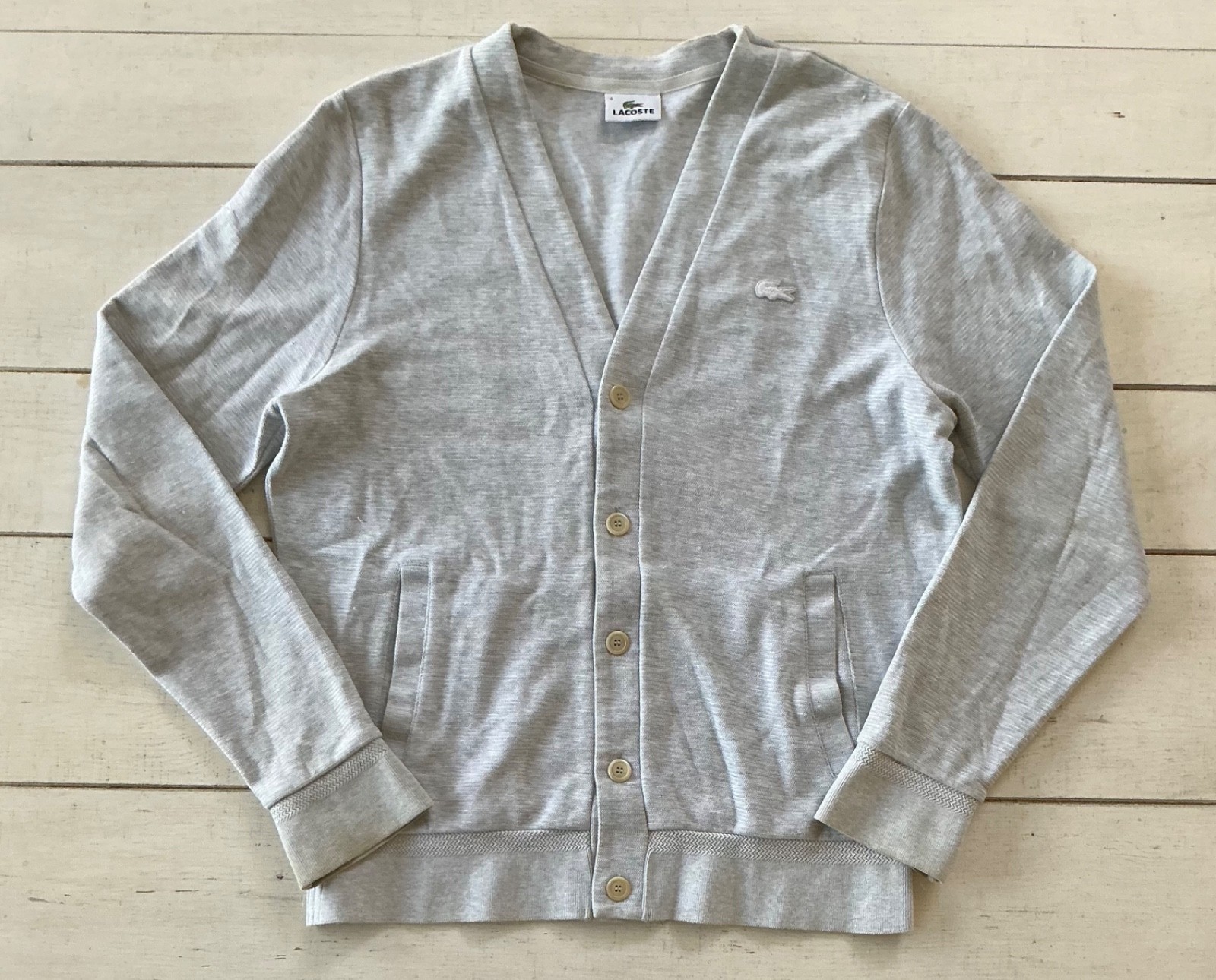 Men’s LACOSTE RIBBED KNIT COTTON CARDIGAN BUTTON V-NECK SWEATER Size 4 Preppy