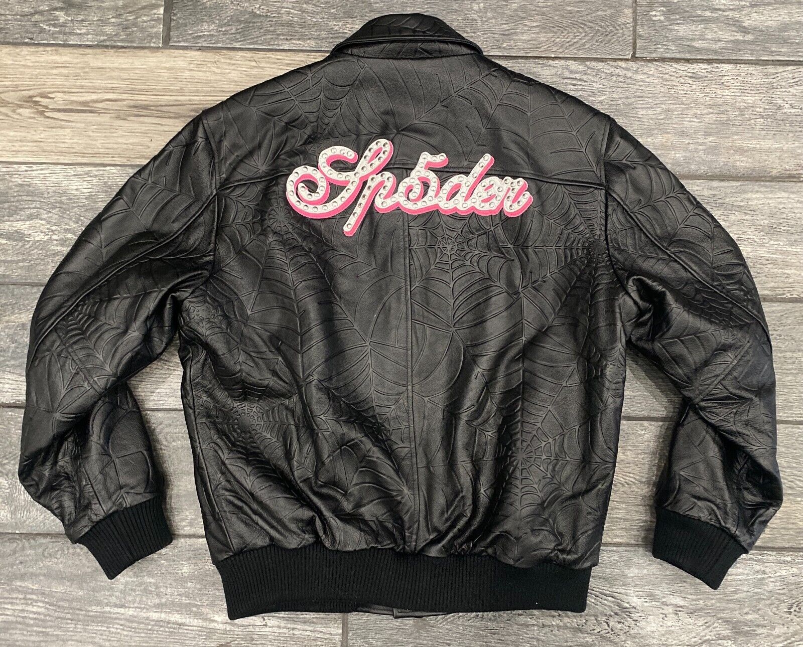 SP5DER WORLDWIDE WEB LEATHER JACKET IN BLACK SP5DER WORLDWIDE WEB LEATHER JACKET IN BLACK