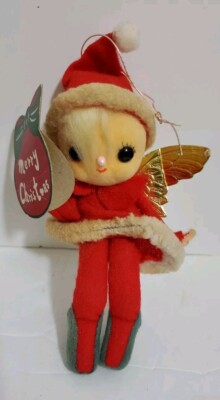  Felt Flocked Snow Baby Pixie Elf Angel Christmas Ornament Mid Century Japan