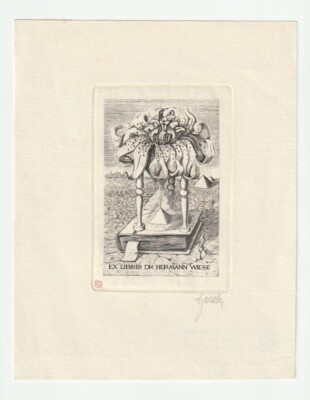 TADEUSZ SZUMARSKI: Exlibris für Hermann Wiese, Pyramide, Blume, Sanduhr, 1990