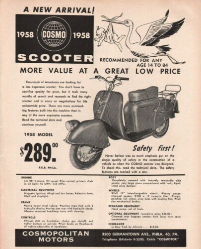 1958 Cosmo Scooter - Vintage Cosmopolitan Motors Motorcycle Ad