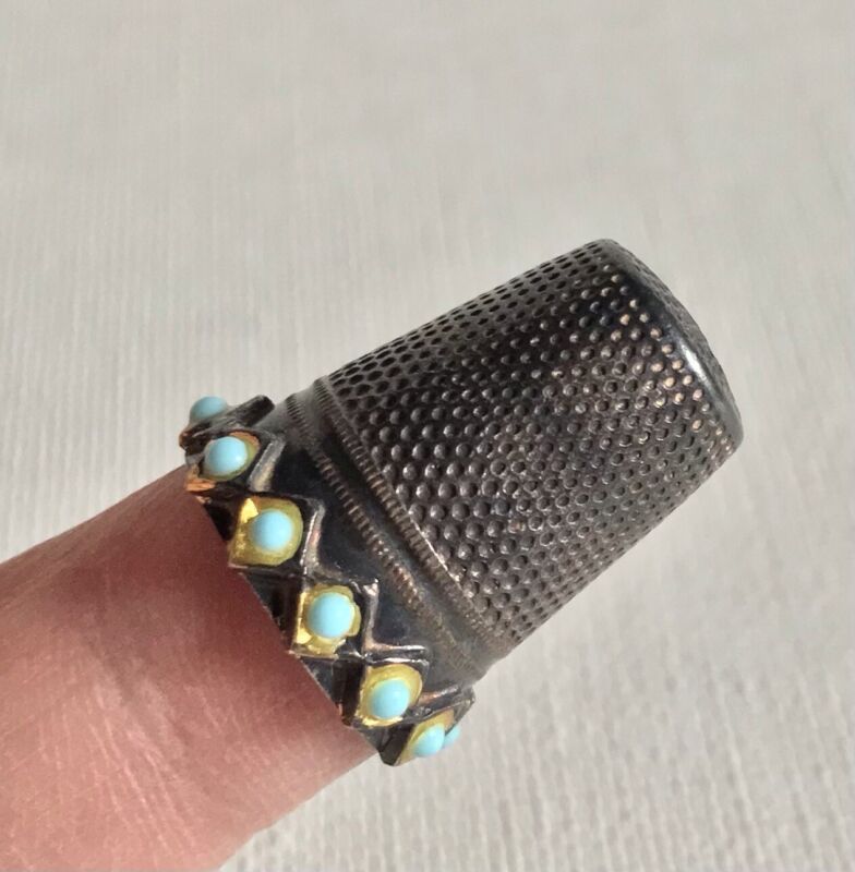 Antique Germany Sterling Silver Thimble 5 Turquoise German Sewing Henckels