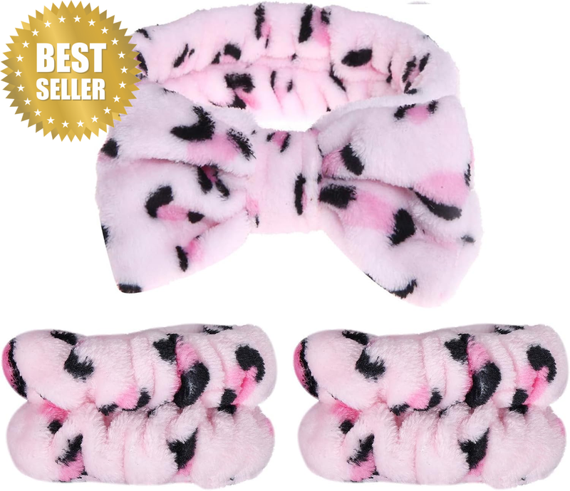 3 Pack Spa Headband Set - Pink Leopard Print Plush Headband & Wrist Cuffs for Wo