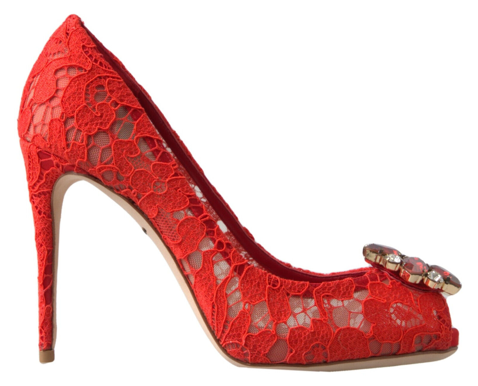 Pre-owned Dolce & Gabbana Shoes Red Taormina Lace Crystal Heels Pumps Eu39 / Us8.5 $1100