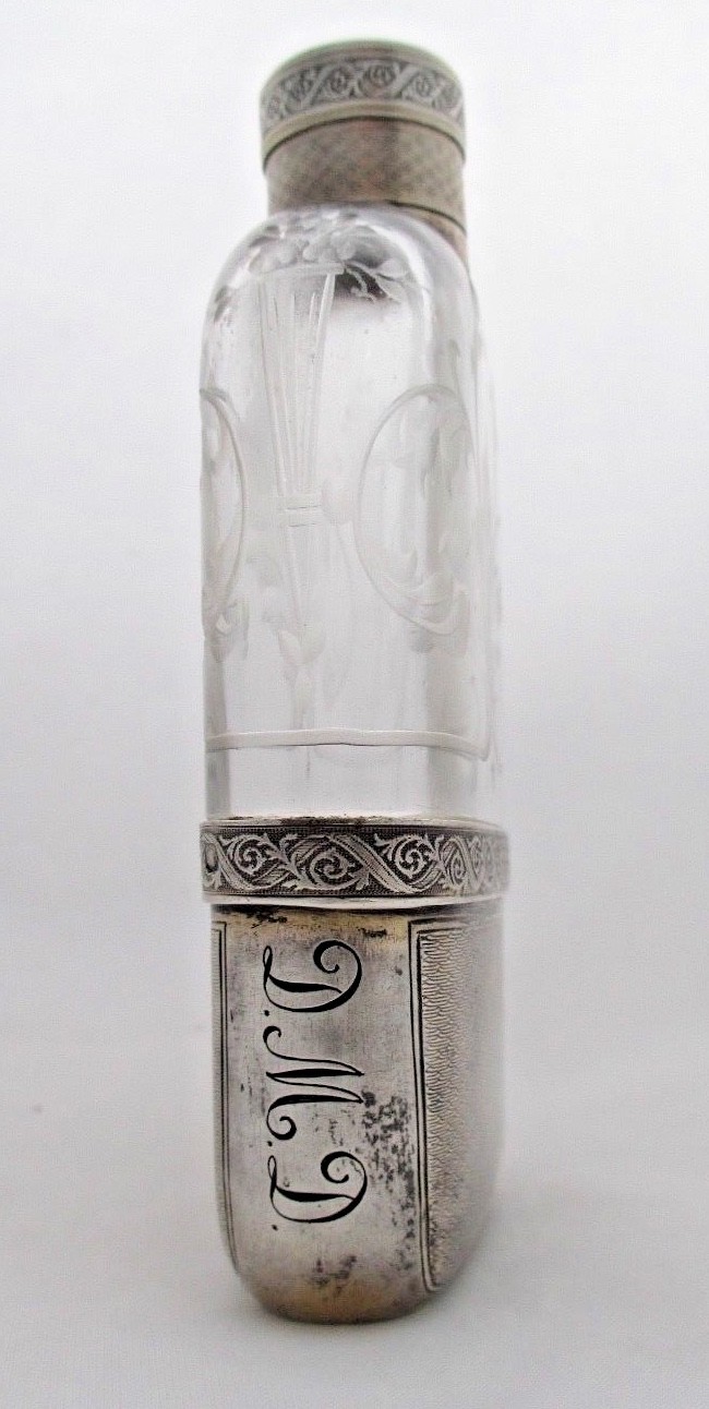 RARE SILVER ETCHED CRYSTAL HIP FLASK EMILE LANGLOIS 1888-1924 PARIS FRANCE