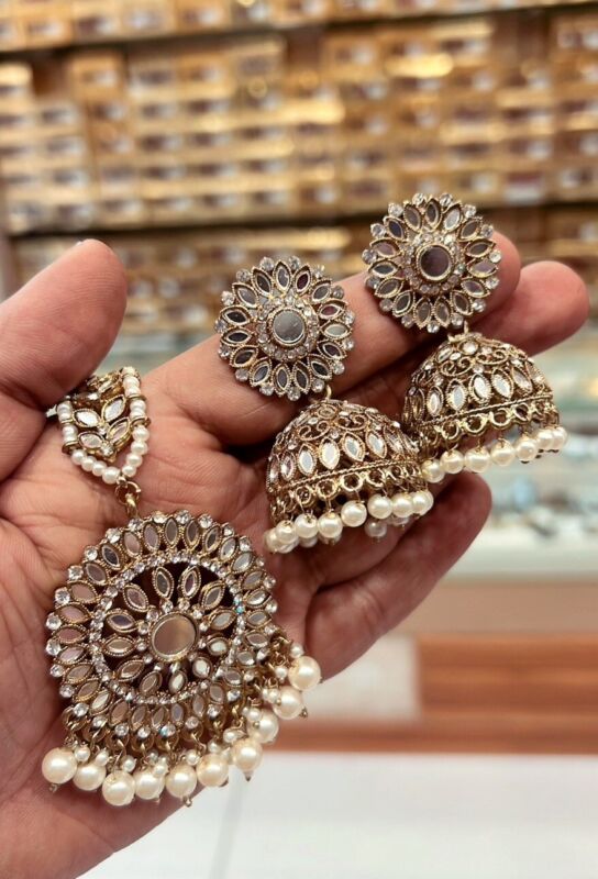 Bollywood indian Pakistani bridal sheesha kundan Earrings And Teeka jewelry set 