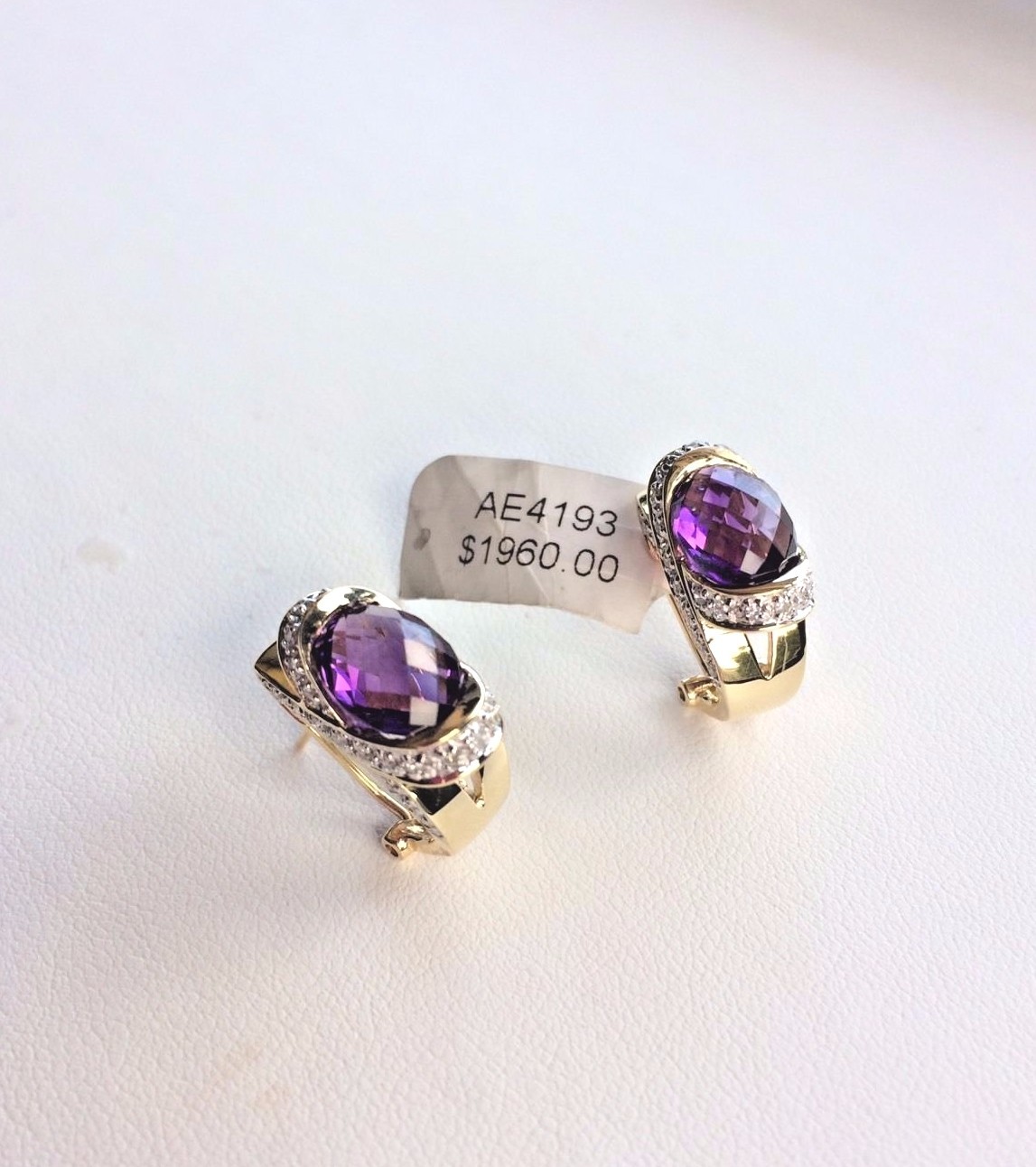 Pre-owned Amethyst Oval Purple  & White Diamonds Earrings Omega Back In 14k Yellow Gold
