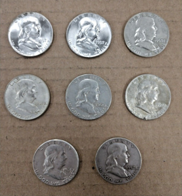 8 Assorted Franklin 90% Silver Half Dollars Some Uncirculated