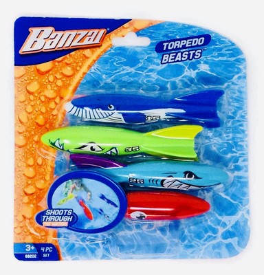 Banzai Swimming Pool Diving Toys Torpedo Beasts Sharks, 4 in a Pack, Ages 3+