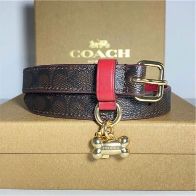 Coach Large Dog Collar Gold/Red/Mahogany Brown Signature C New In Box