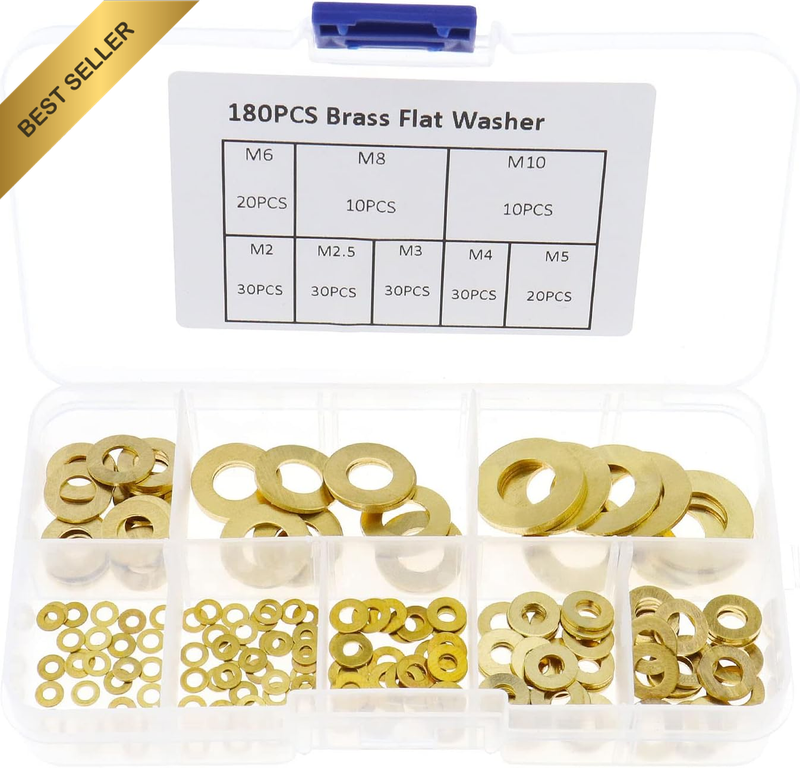 180PCS Brass Flat Washer Assortment Set 8 Sizes M2 M2.5 M3 M4 M5 M6 M8 M10 Pad S