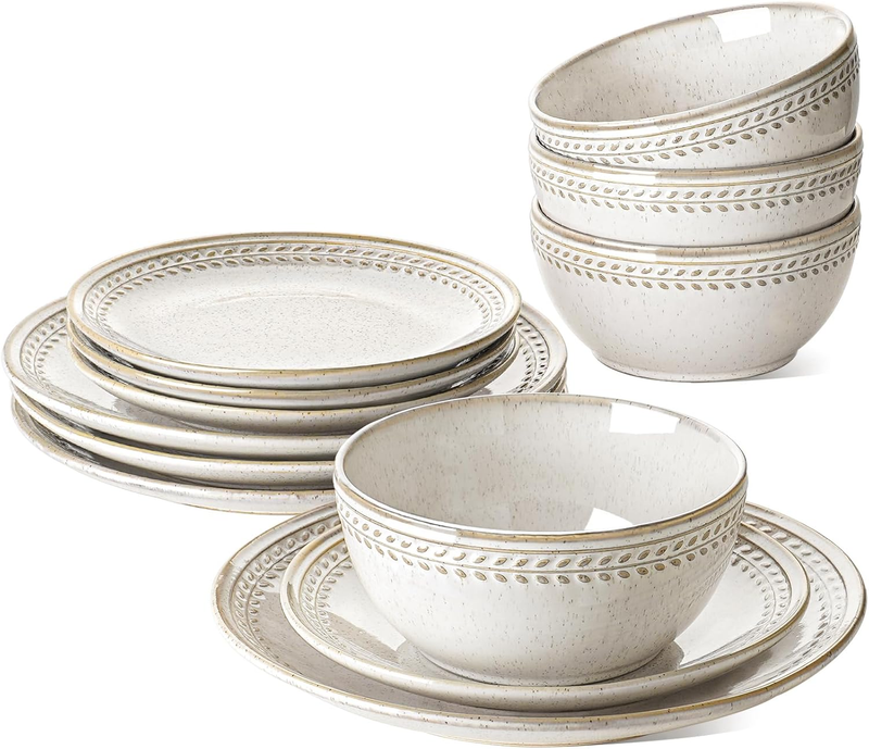 Dinnerware Sets for 4, 12 Piece Ceramic Dish Set with Plates and Bowls | Oven/Dishwasher/Microwave Safe | Ideal for Housewarming | Reactive Beige (10