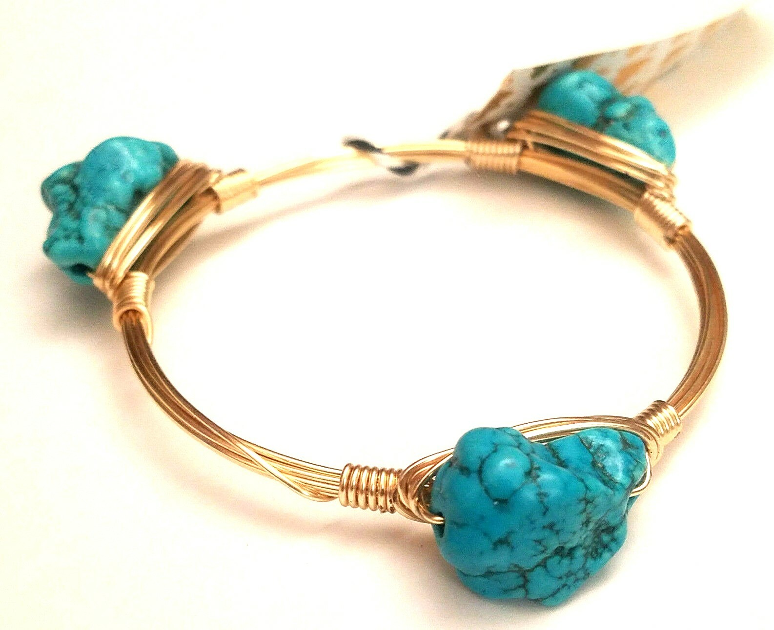 Gold Tone Wire Wrapped Turquoise Stone Bangle Bracelet Lou