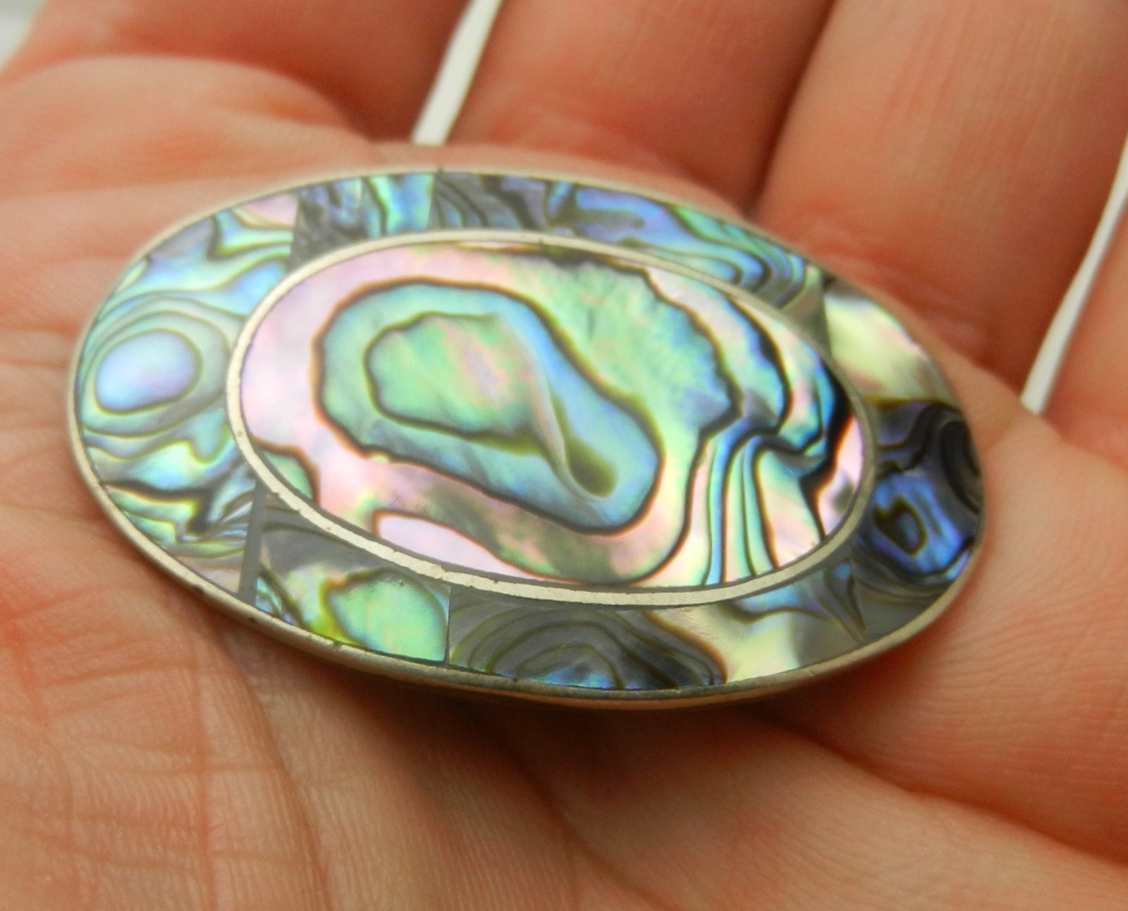 Vintage Pua Shell Alpaca Oval Brooch Pin Abalone Inlay Signed  Beautiful !!!!!!!
