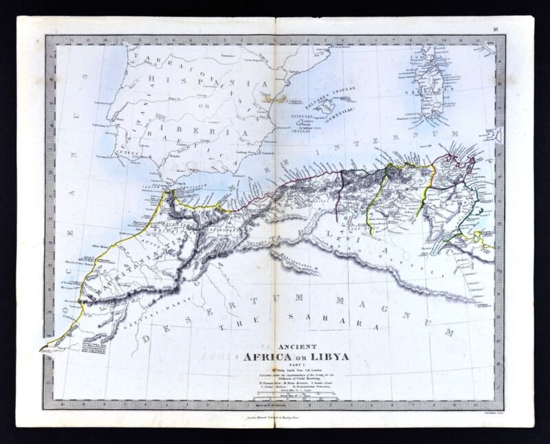 1866 SDUK Map - Ancient Libya Mauritania Morocco Numidia Alger Carthage Africa
