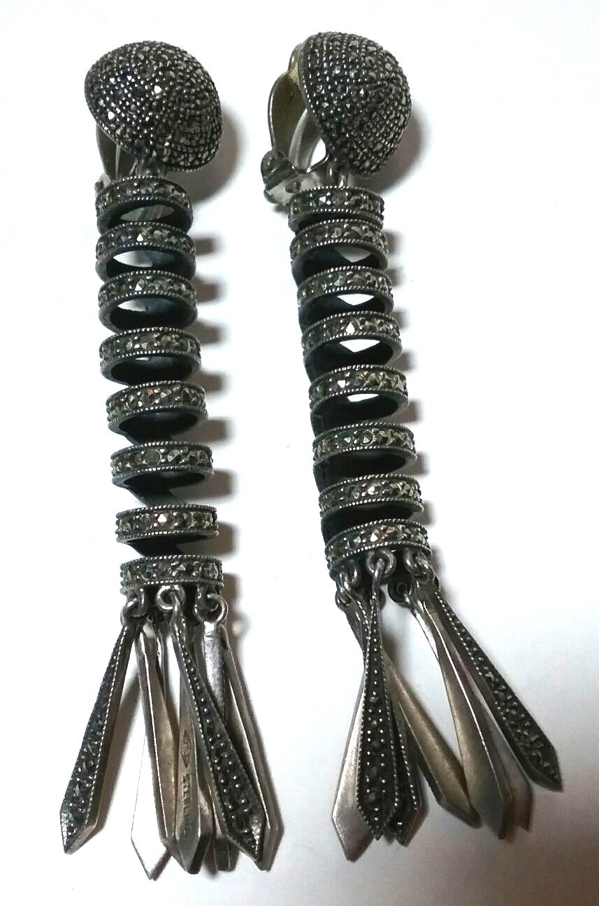 VINTAGE STERLING SILVER MARCASITE LARGE SPIRAL CHANDELIER EARRINGS JUDITH JACK