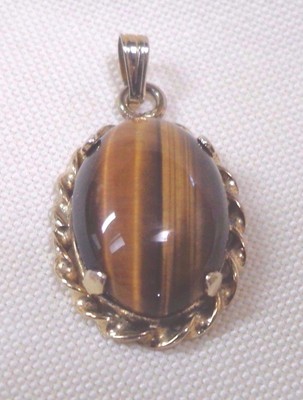 Vintage Antique Large Oval Tiger Eye Cabachon Gold Plated Pendant