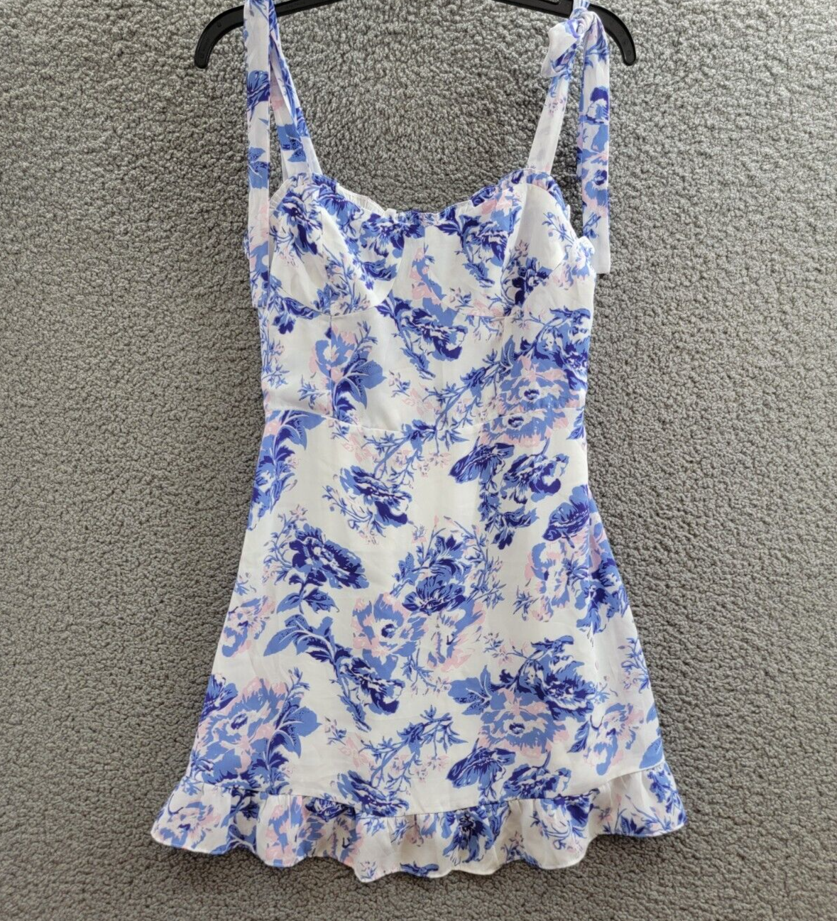 AQUA Floral Ruffle Dress Women's S Sky Blue Sweetheart Neck Shoulder Tie Closure - Picture 2 of 15