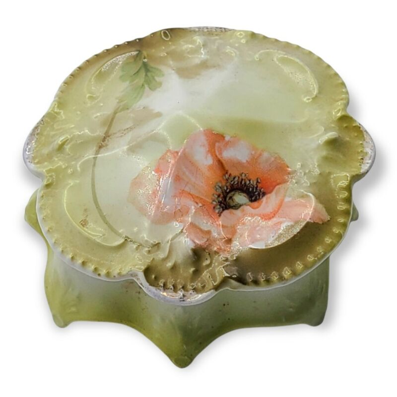 Vintage 1930s Art Nouveau Poppy Flower Porcelain Trinket Jewelry Box Germany