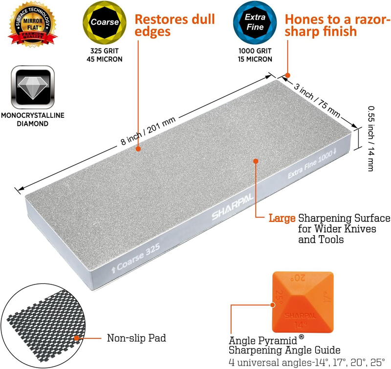 168H Large 8" x 3" Dual-Grit Diamond Sharpening Stone – Coarse 325 & Extra-Fine