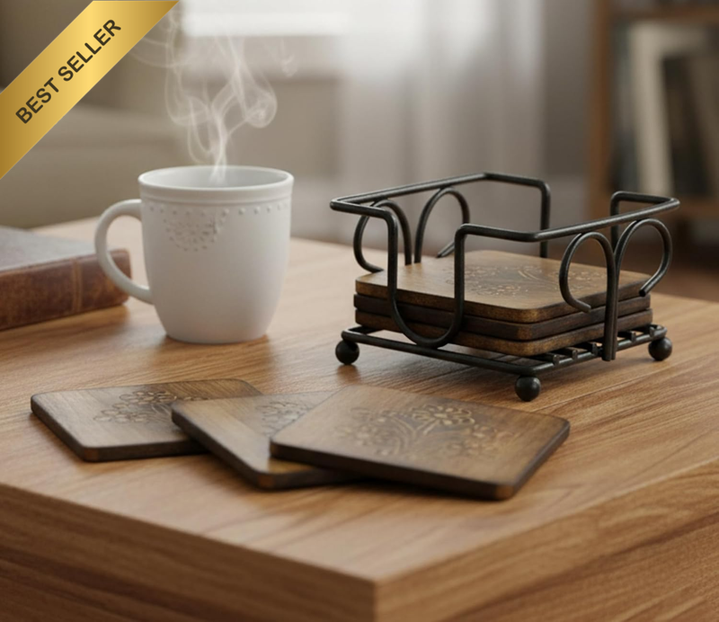 Wooden Tea Coffee Coasters/Rustic Vintage Look Coasters Set with Wrought Iron Ho