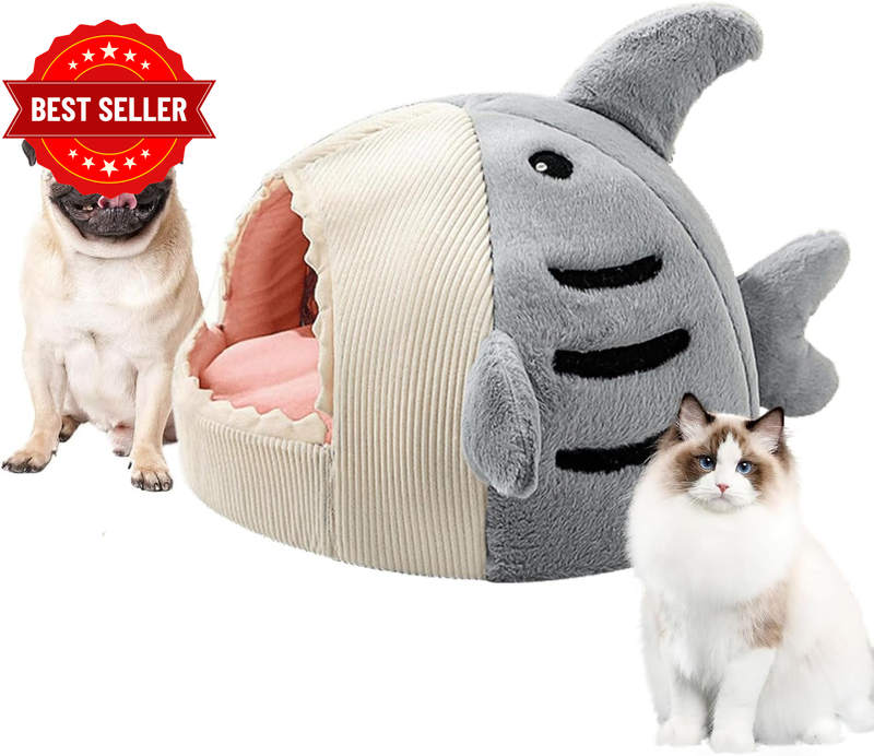 Shark Shape Cat Cave Bed with Thick Cushion, Kitten Cat Soft Warm House for Indo