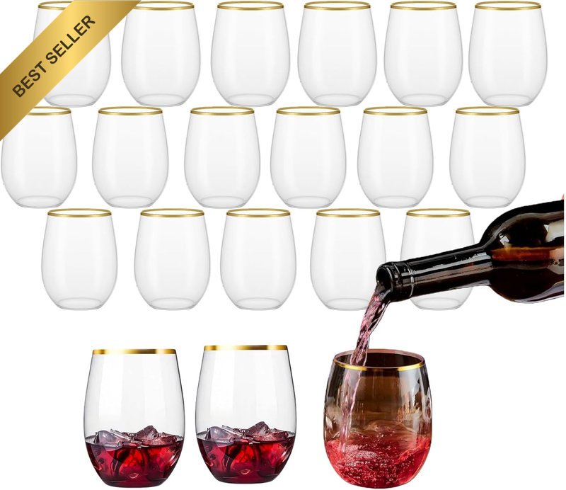 20Pack Stemless Plastic Wine Glasses with Gold Rim, 16Oz Reusable Beverage Cups