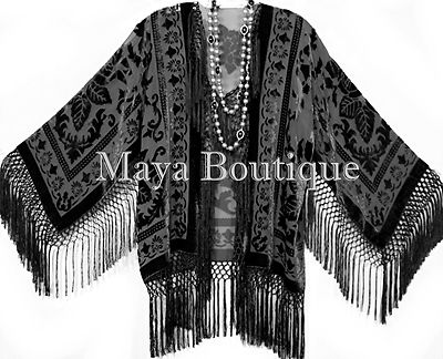 Pre-owned Maya Matazaro Flapper Fringe Jacket Kimono Black Rayon Blend Burnout Velvet Short Maya Jacket