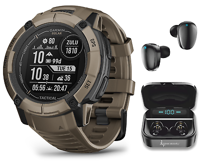 Garmin Instinct 2X Solar Tactical GPS Smartwatch Coyote Tan w/ Black  EarBuds