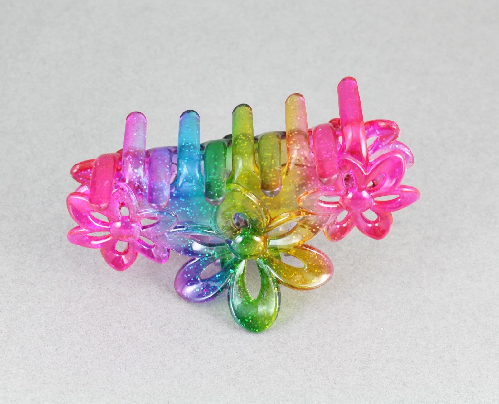 Pink rainbow hair clip claw butterfly clamp flower floral plumeria 3.5" long